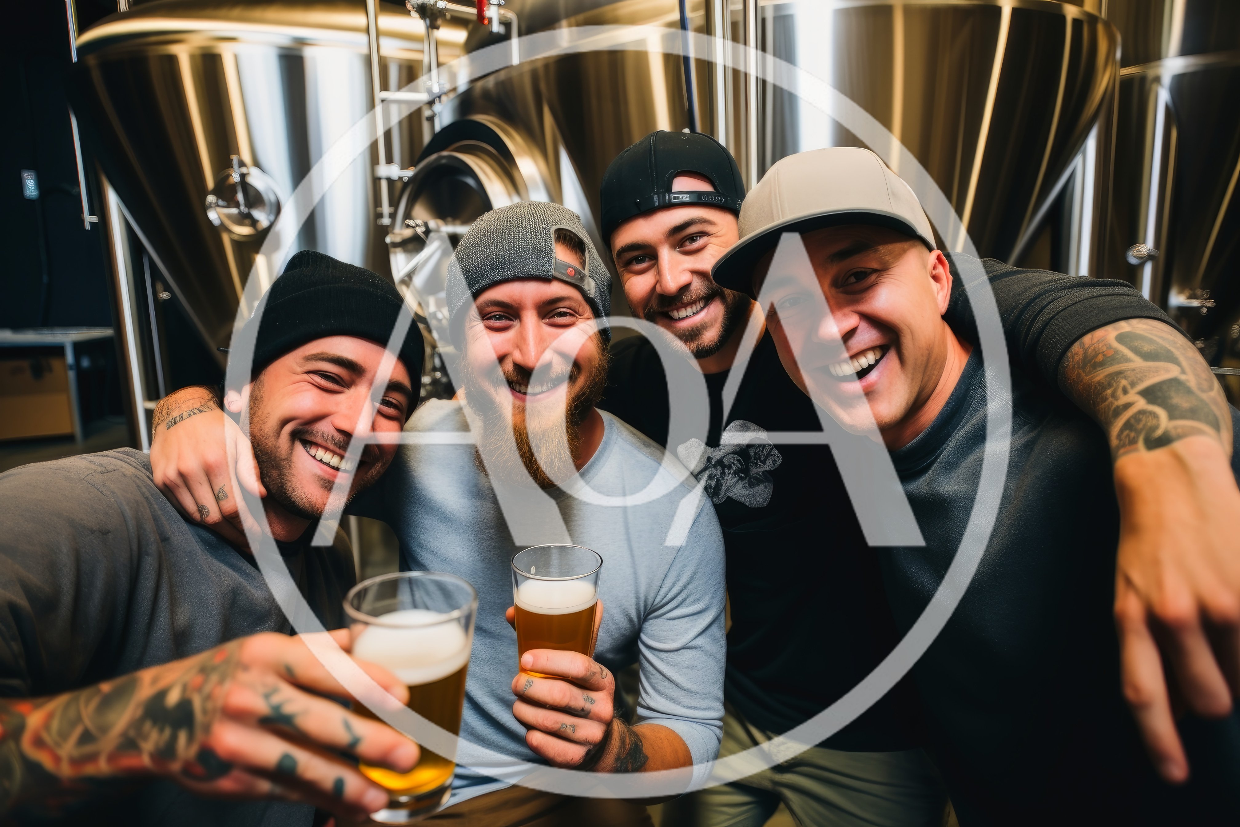 Four Friends Celebrating With Beer In A Brewery