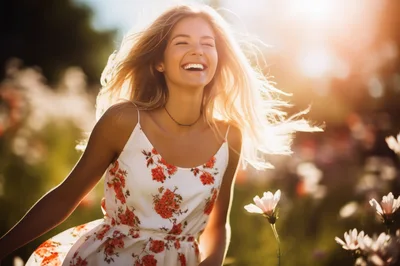 Happy Young Woman Laughing In A Sunny Flower Field