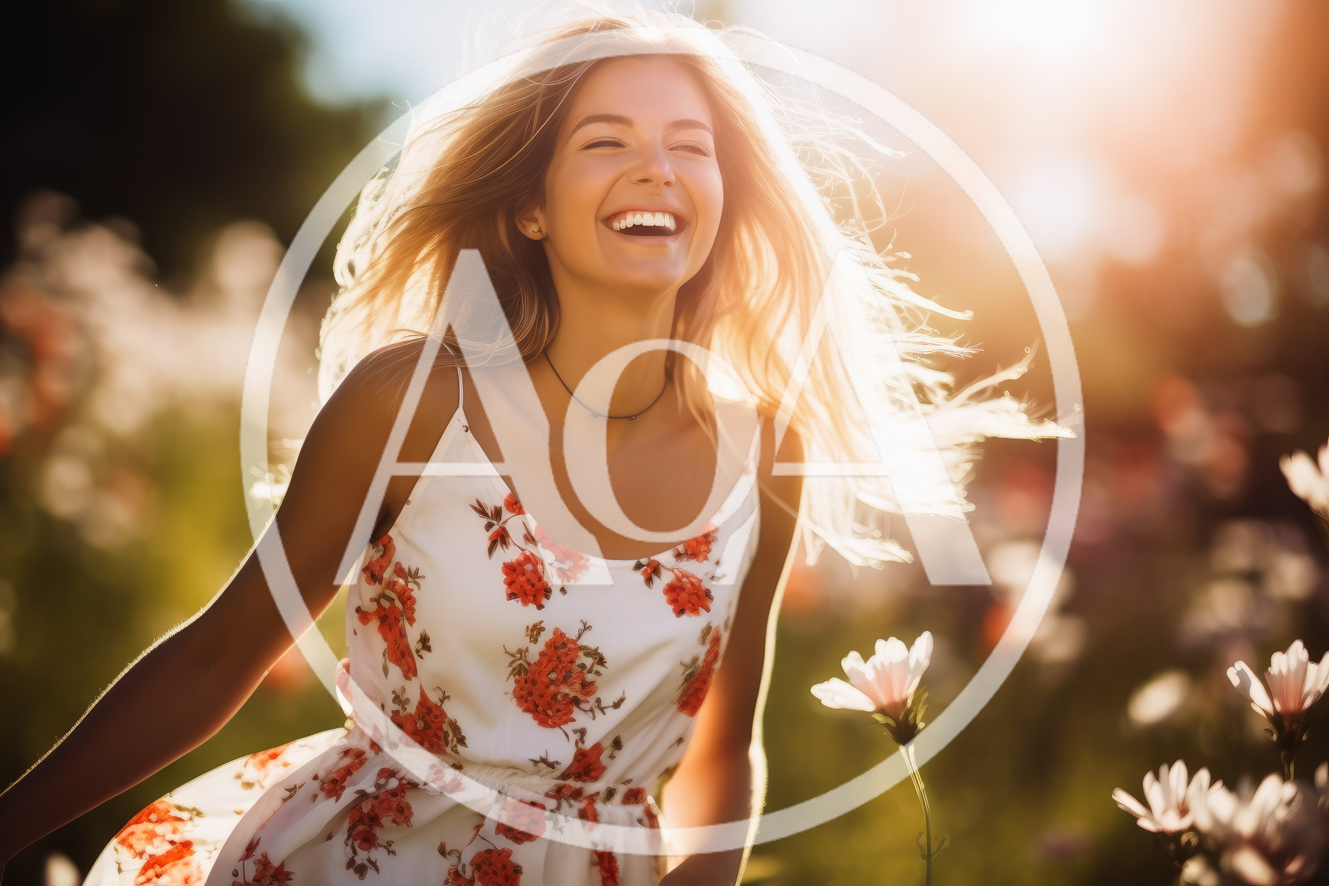 Happy Young Woman Laughing In A Sunny Flower Field