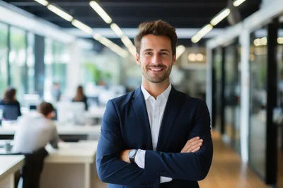 Professional Businessman Standing With Arms Crossed In Modern Office