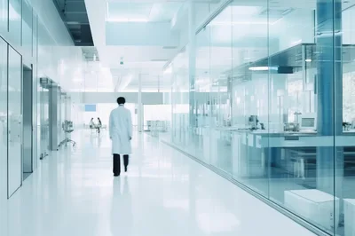 Scientist Walking Through Modern Glass Laboratory Corridor