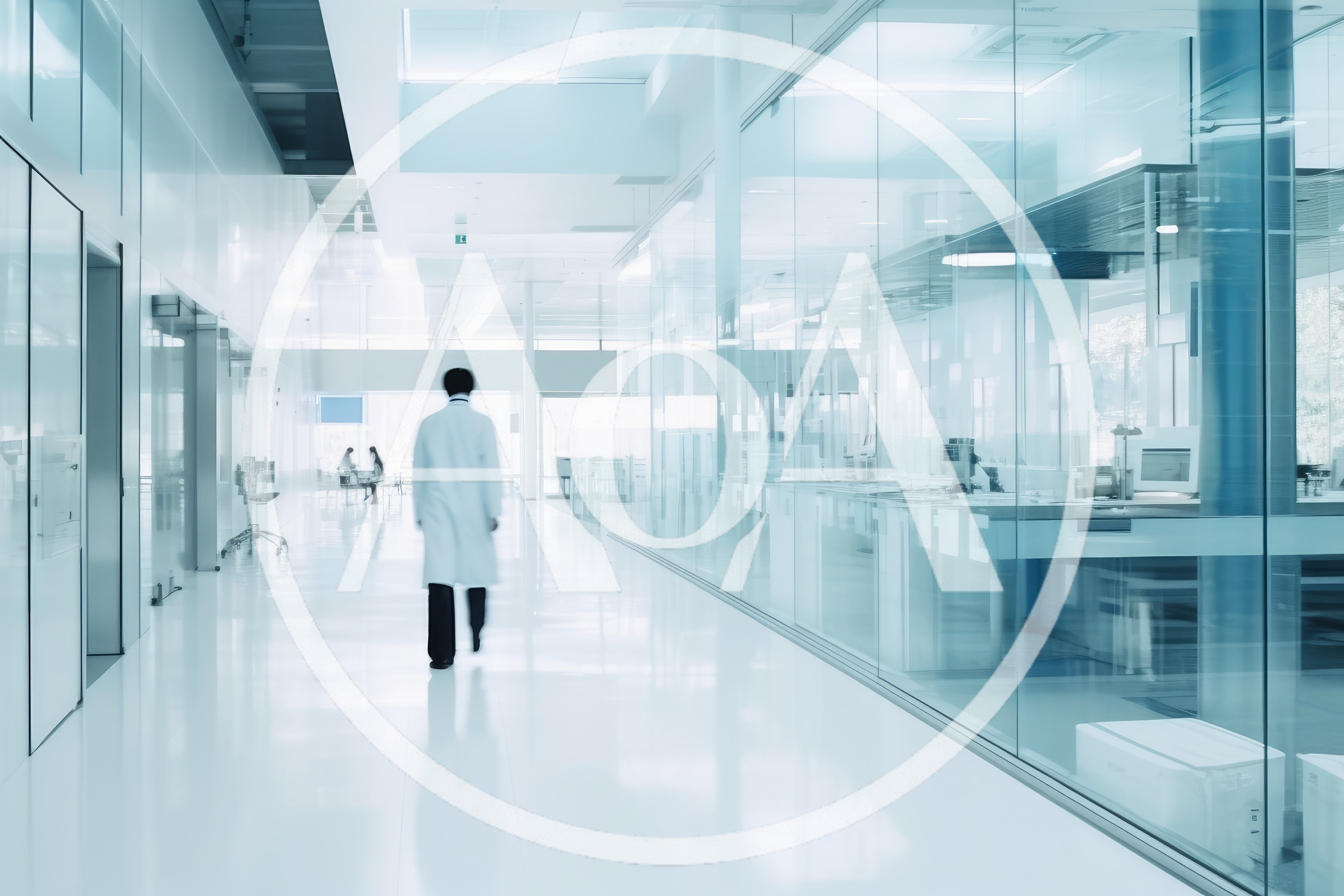 Scientist Walking Through Modern Glass Laboratory Corridor