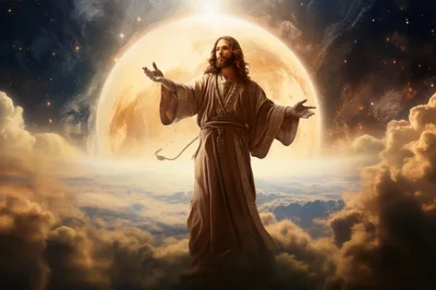 Jesus Christ Standing With Open Arms Before A Moon