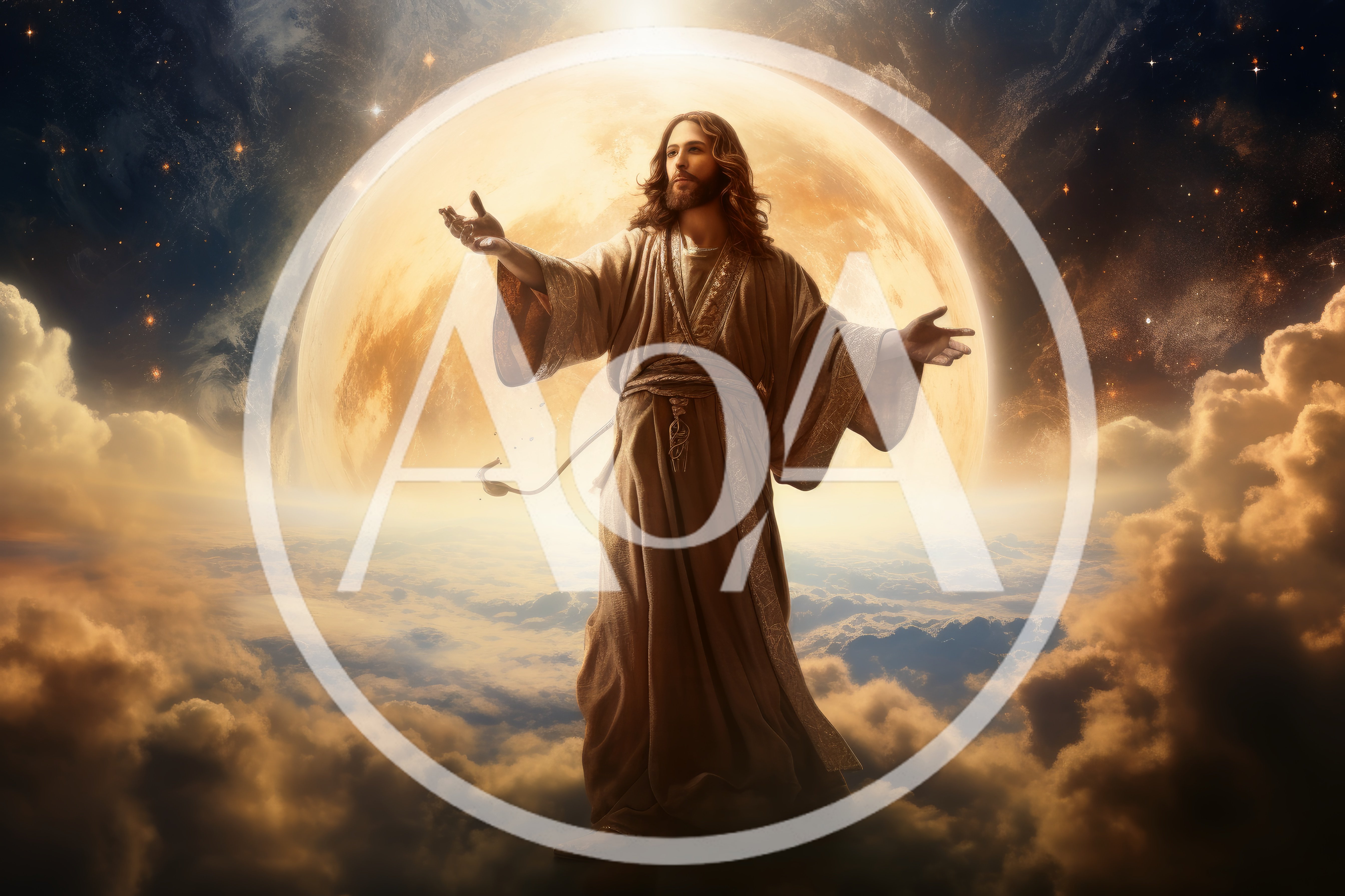 Jesus Christ Standing With Open Arms Before A Moon
