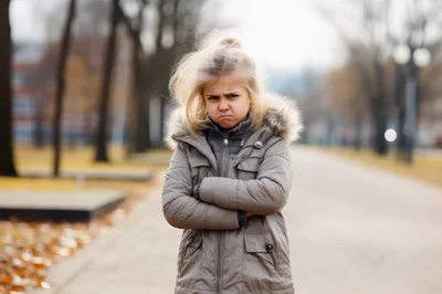 Grumpy Little Girl Standing Outdoors In Autumn