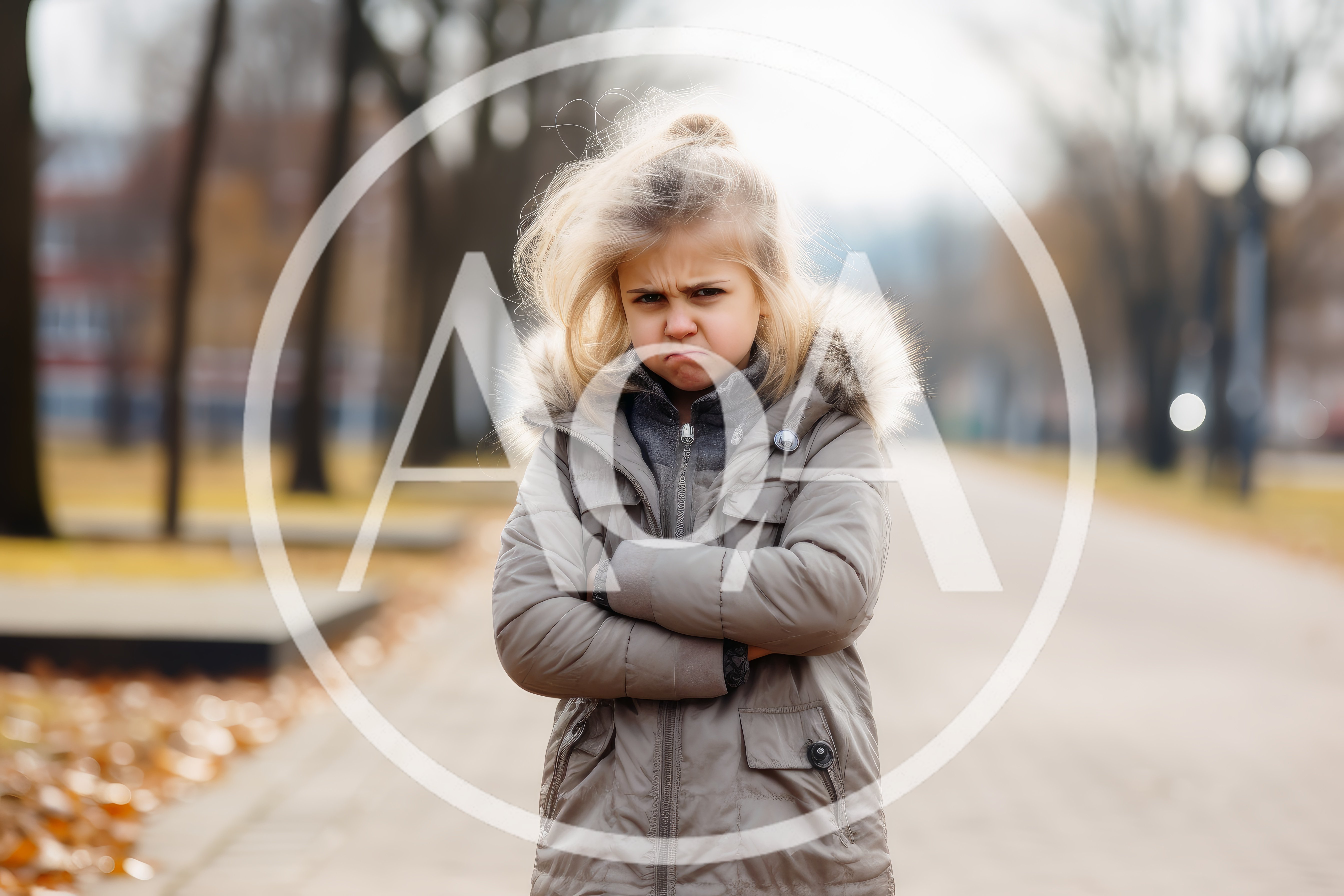 Grumpy Little Girl Standing Outdoors In Autumn