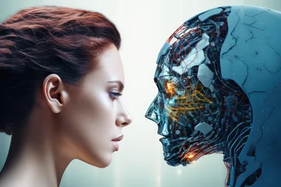 Human Woman Facing A Futuristic Cyborg Robot Head