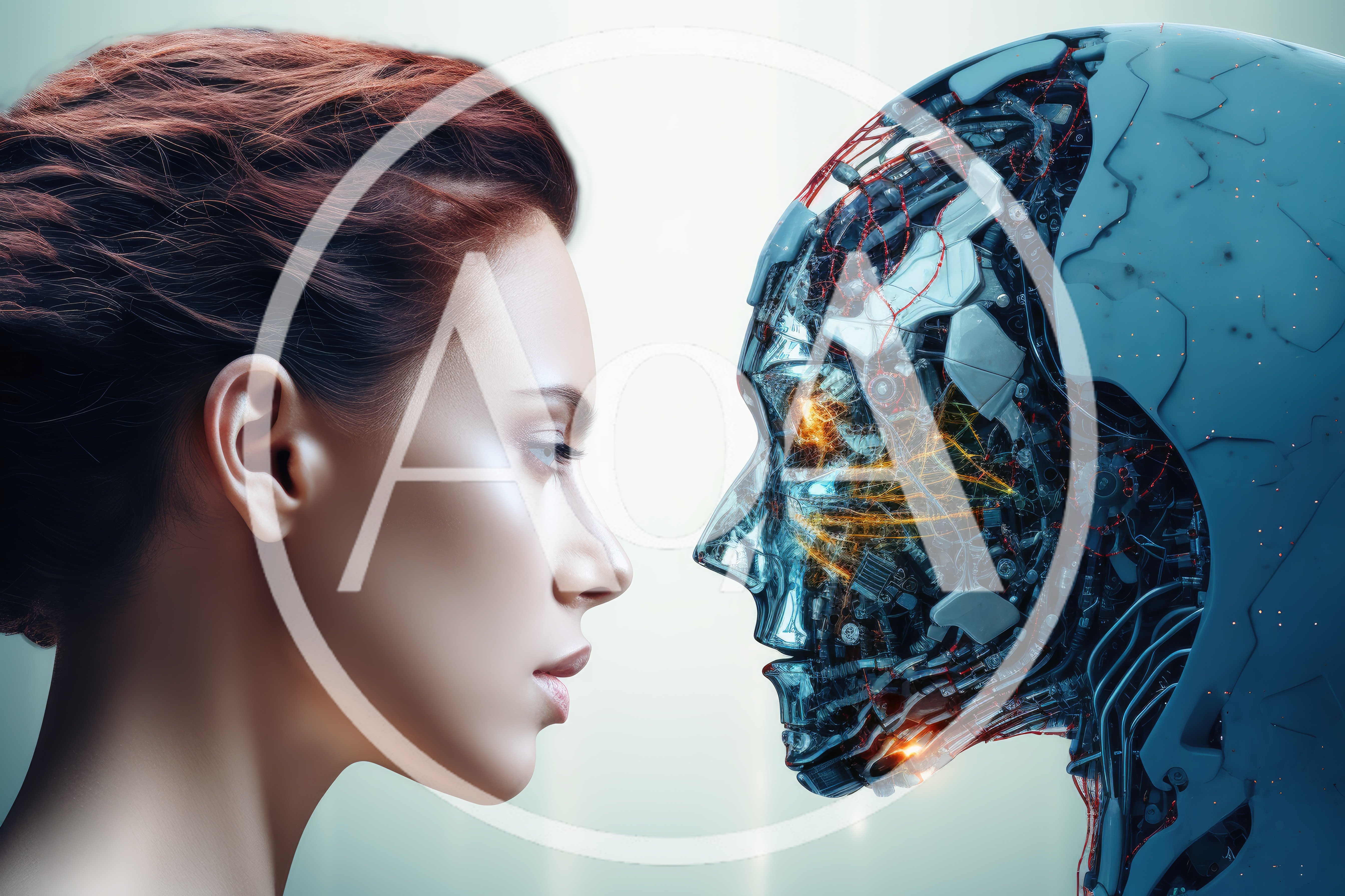Human Woman Facing A Futuristic Cyborg Robot Head