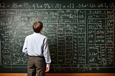 Man Studying Complex Mathematical Equations On A Blackboard