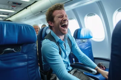 Man Laughing Hysterically While Sitting In Airplane Seat