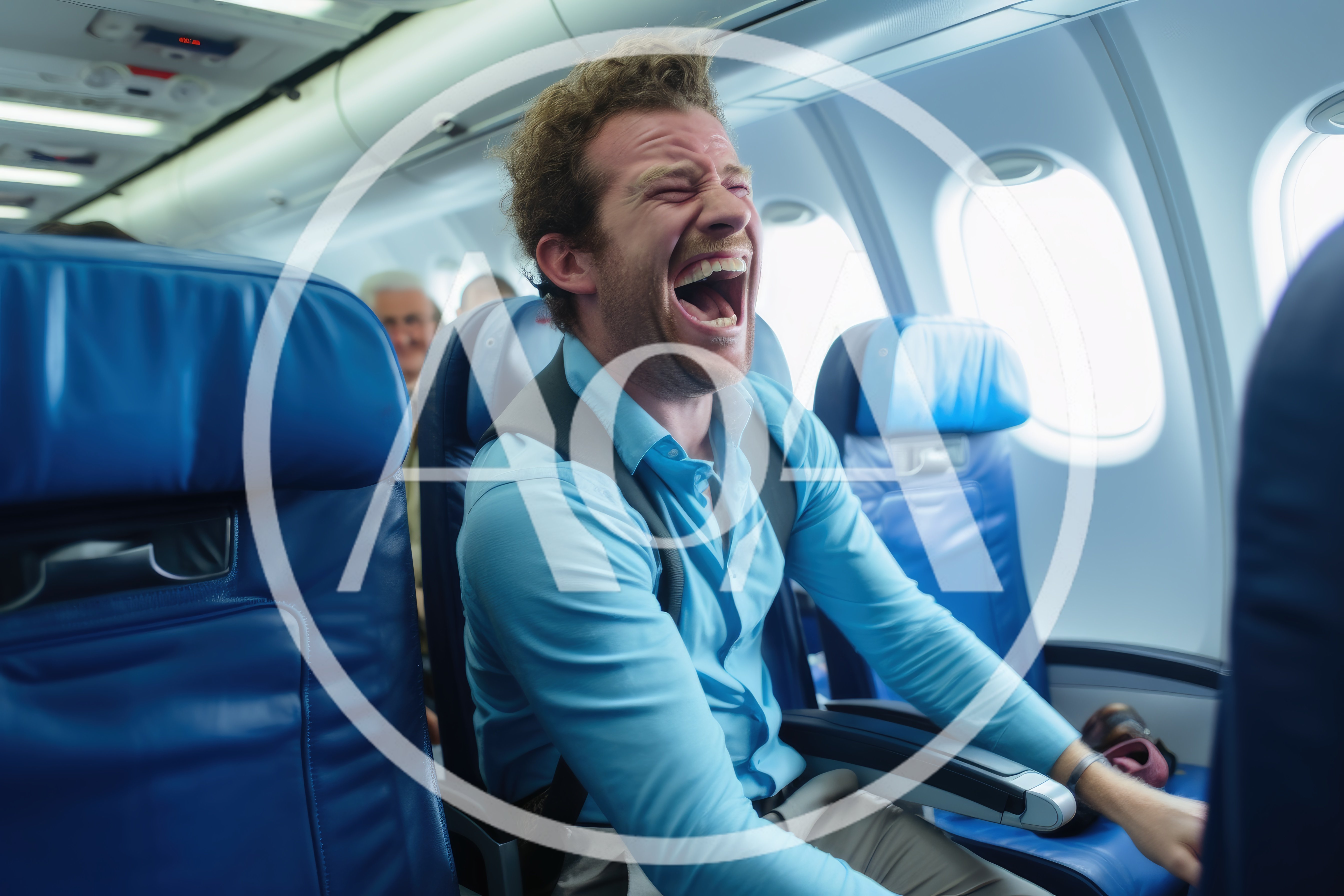 Man Laughing Hysterically While Sitting In Airplane Seat