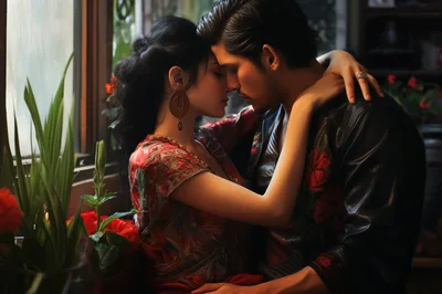 Intimate Couple Embracing Near Window In Floral Attire