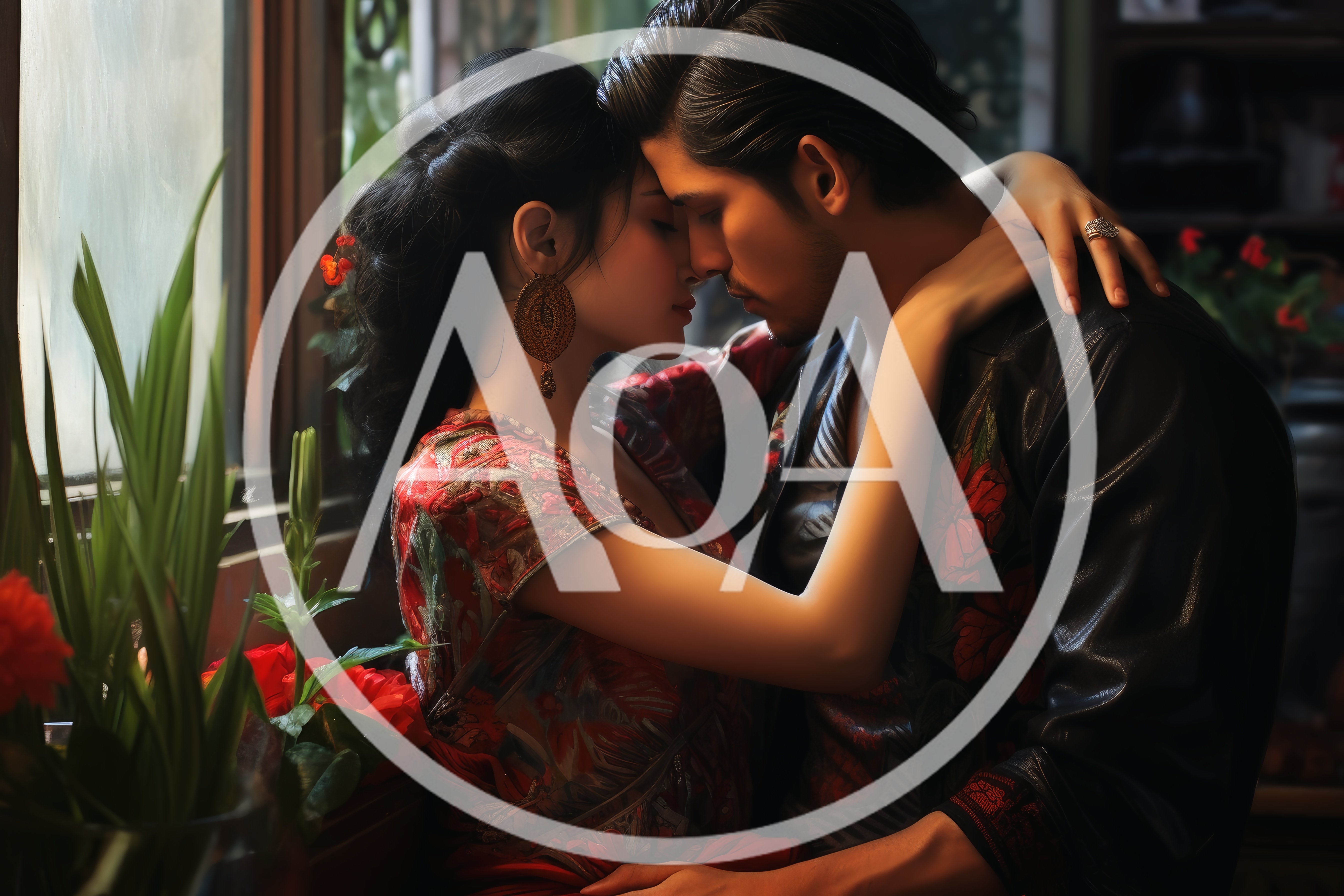 Intimate Couple Embracing Near Window In Floral Attire