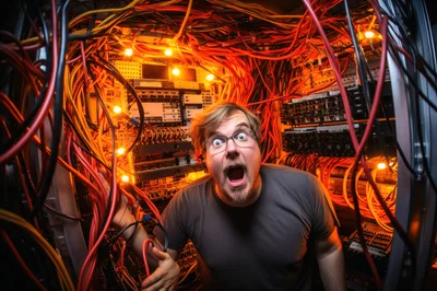 Stressed IT Technician Surrounded By Tangled Server Cables