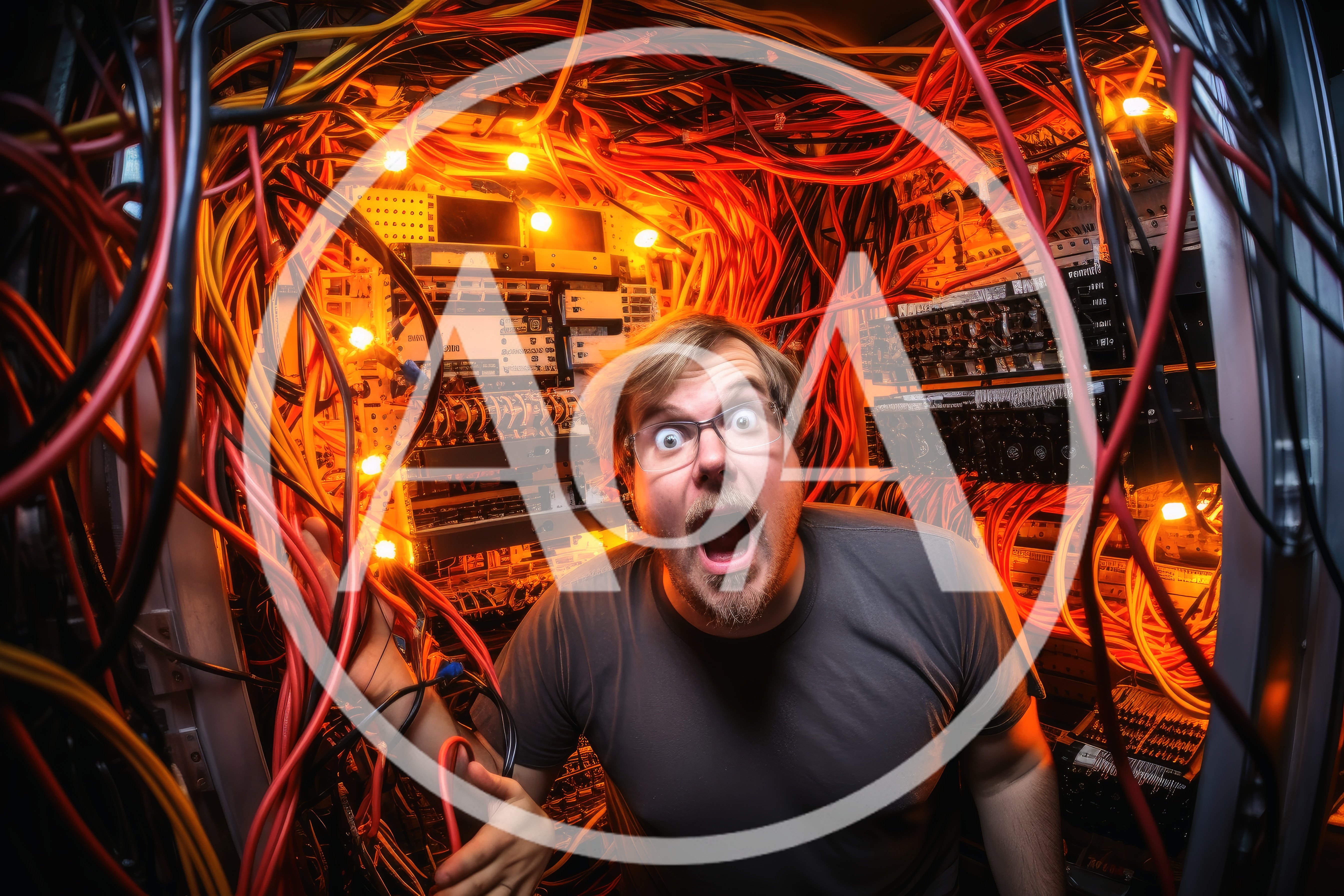 Stressed IT Technician Surrounded By Tangled Server Cables