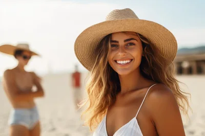 Smiling Woman Wearing Straw Hat On Sunny Beach