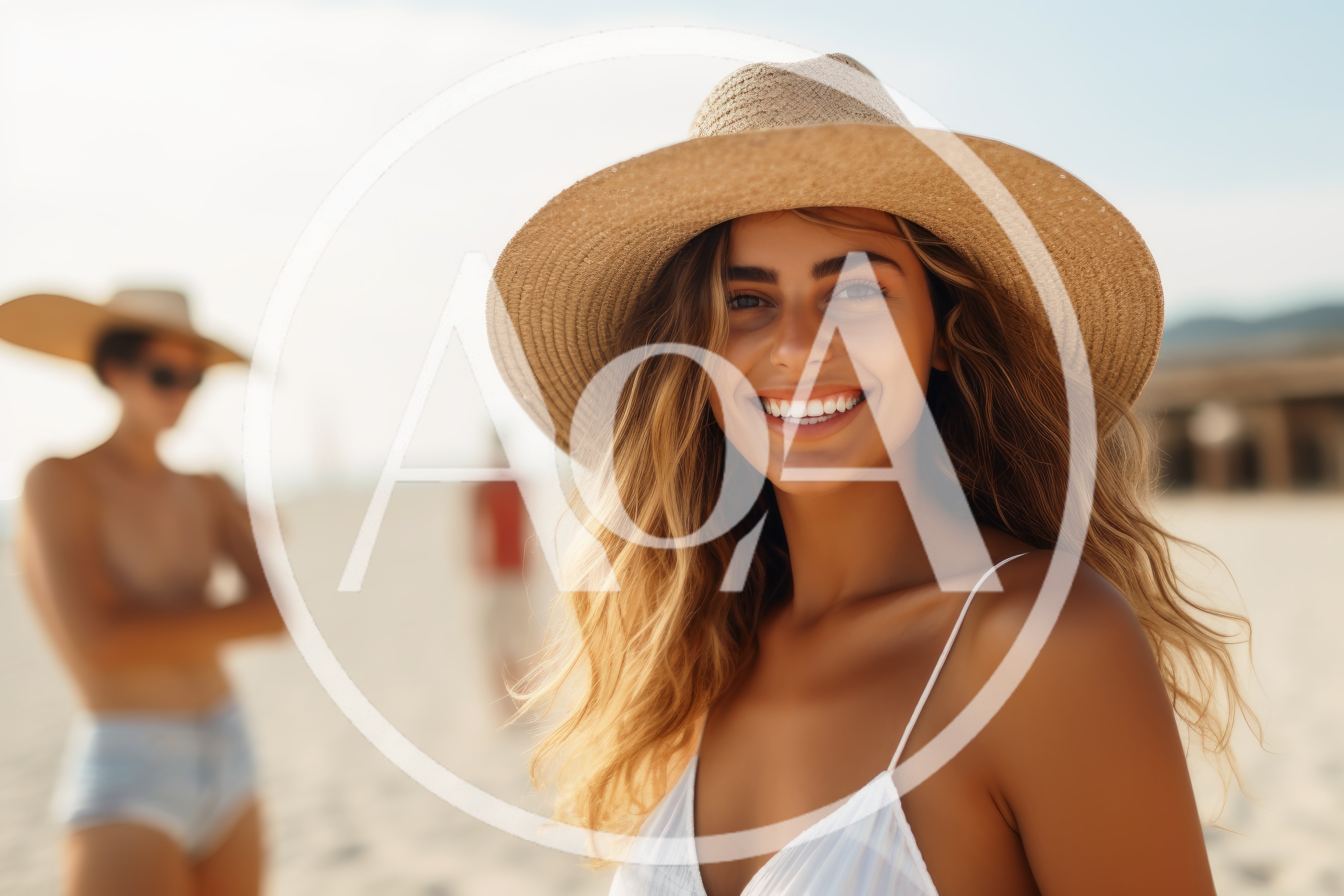 Smiling Woman Wearing Straw Hat On Sunny Beach