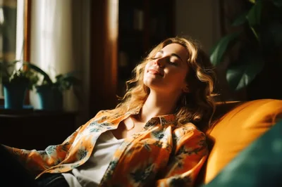 Young Woman Relaxing In Sunlight On A Sofa