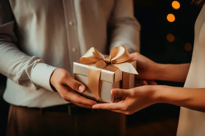 Man Giving A Golden Gift Box To A Woman