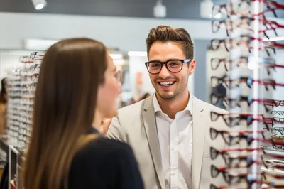 Optician Assisting Customer With Eyeglasses Selection