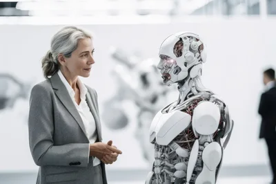 Businesswoman Interacting With Advanced Humanoid Robot