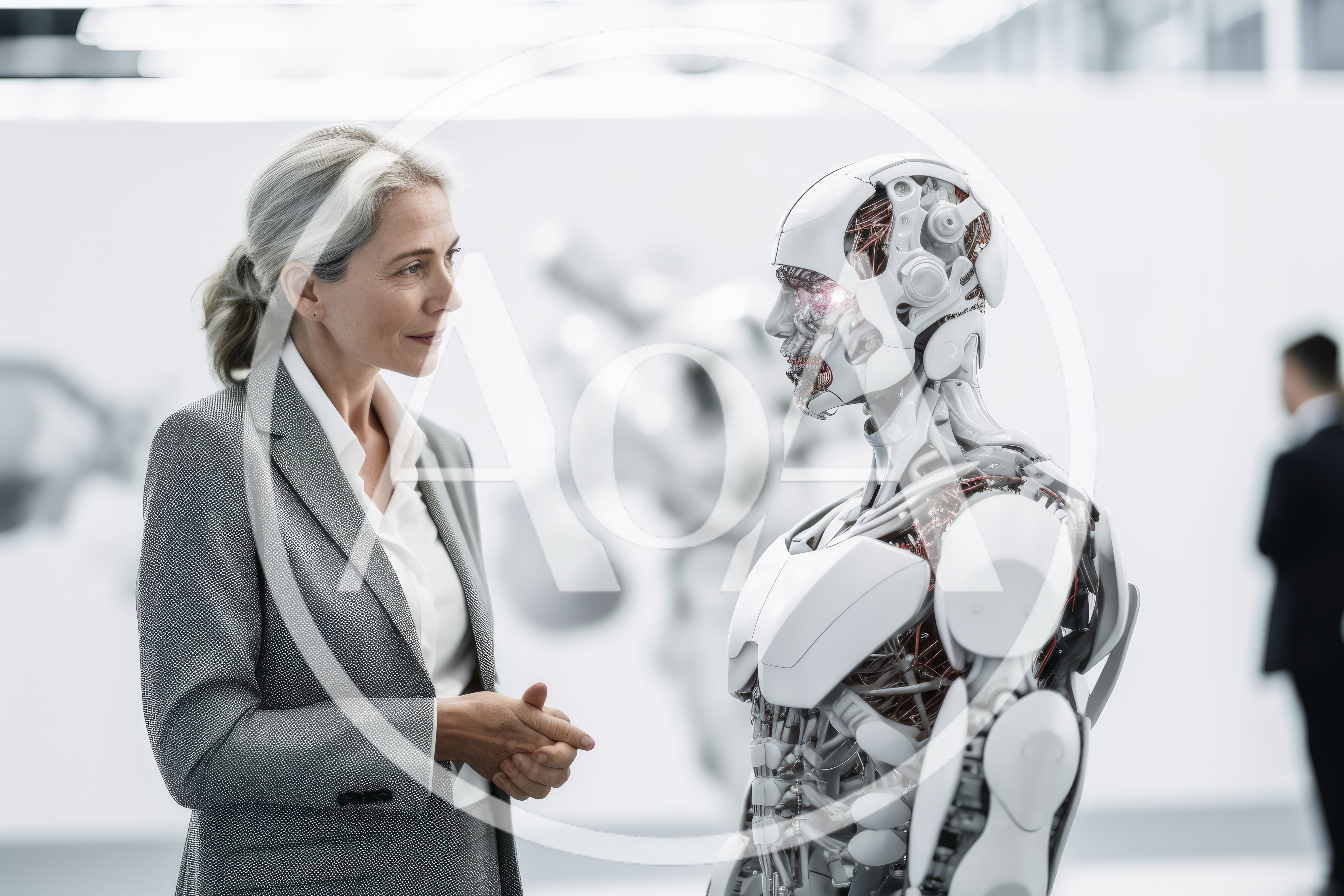 Businesswoman Interacting With Advanced Humanoid Robot