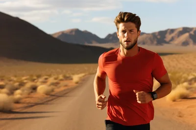 Fit Young Man Running On Desert Road