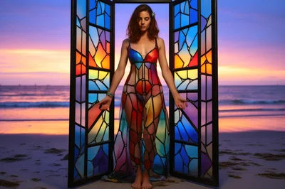Woman Standing In Stained Glass Frame On Beach