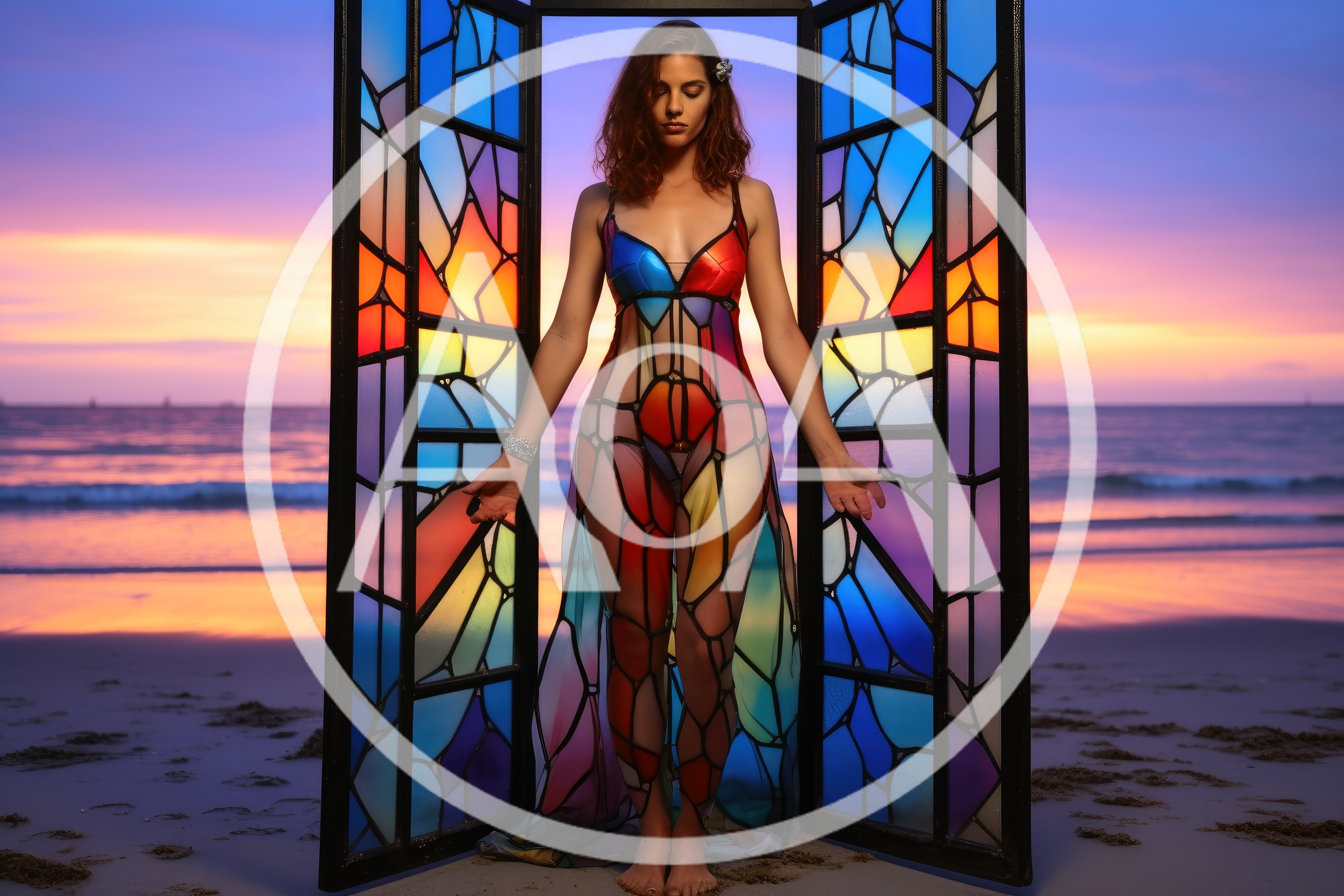 Woman Standing In Stained Glass Frame On Beach