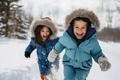 Two Happy Children Running Through Deep Snow