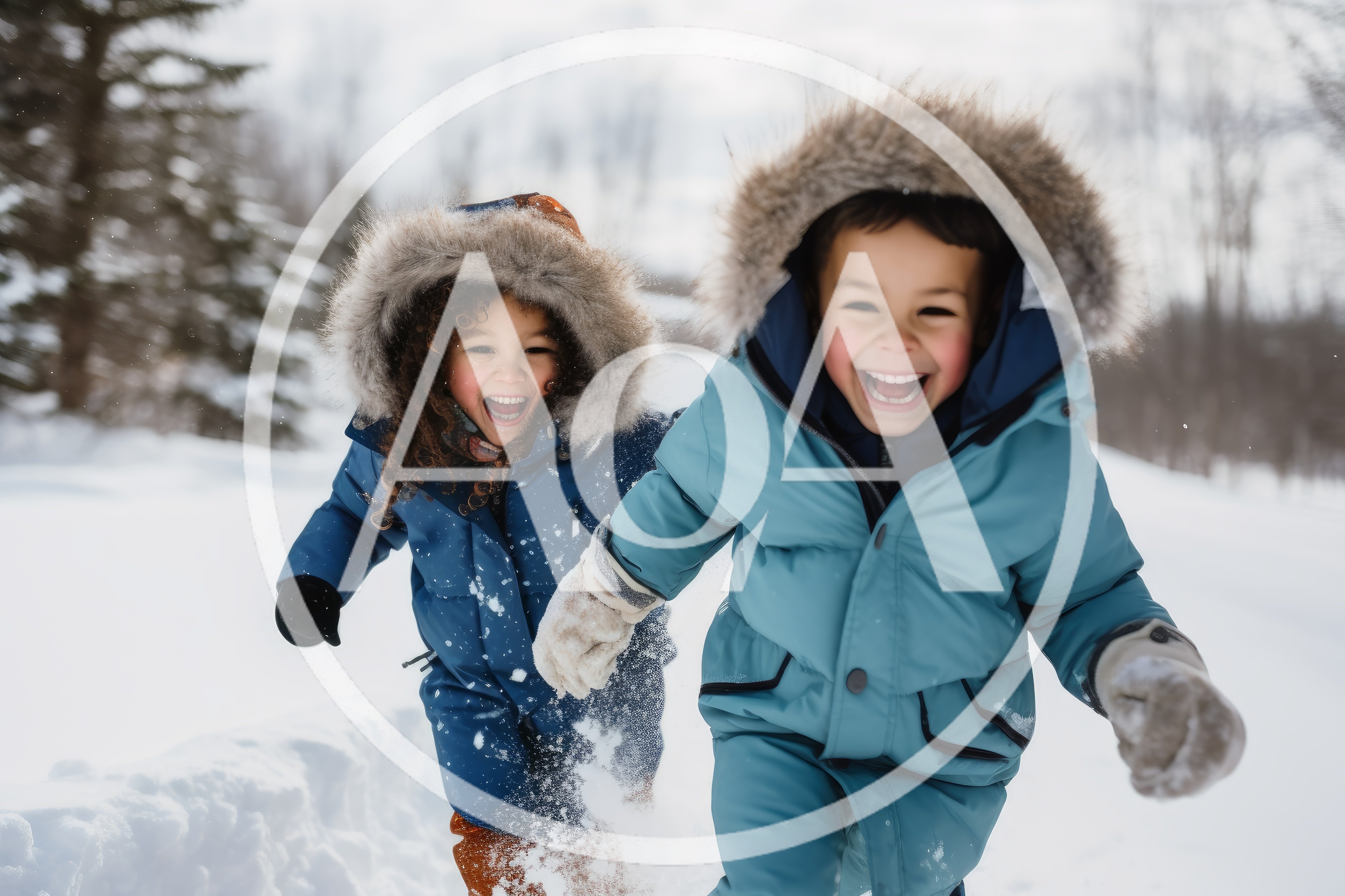Two Happy Children Running Through Deep Snow