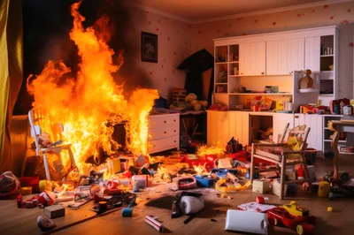 Child Bedroom Interior Engulfed In Intense Fire