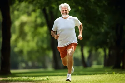 Senior Man Jogging Through A Sunny Park