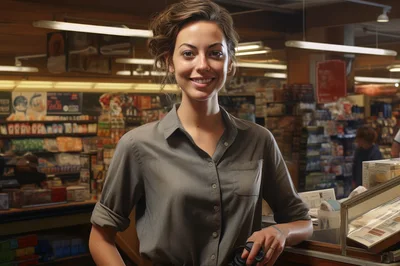 Friendly Female Cashier Smiling At Grocery Store Checkout