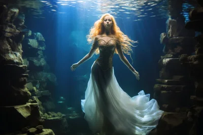 Ethereal Woman Floating Underwater In A Golden Gown
