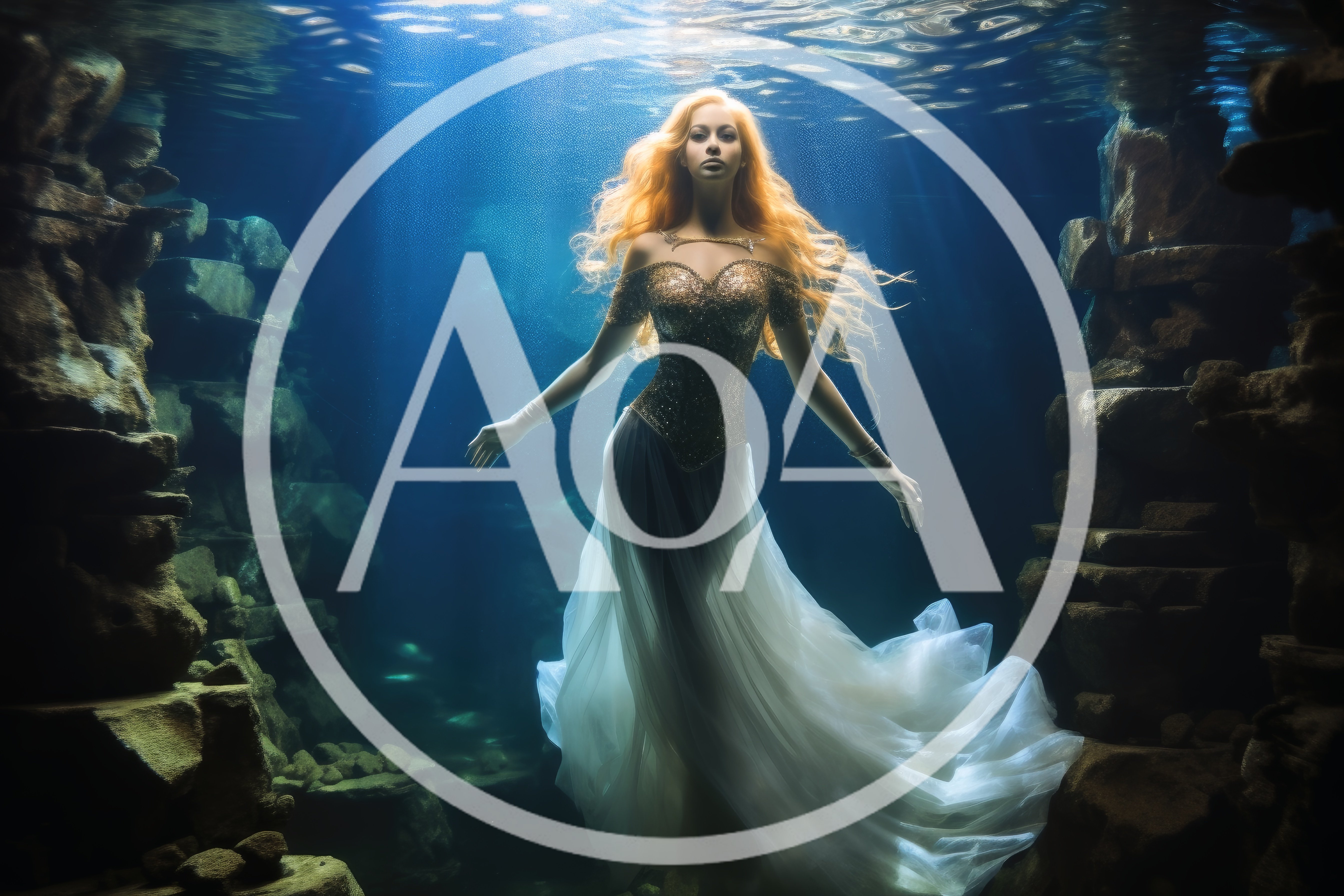 Ethereal Woman Floating Underwater In A Golden Gown