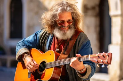 Street Musician Playing Acoustic Guitar Outdoors