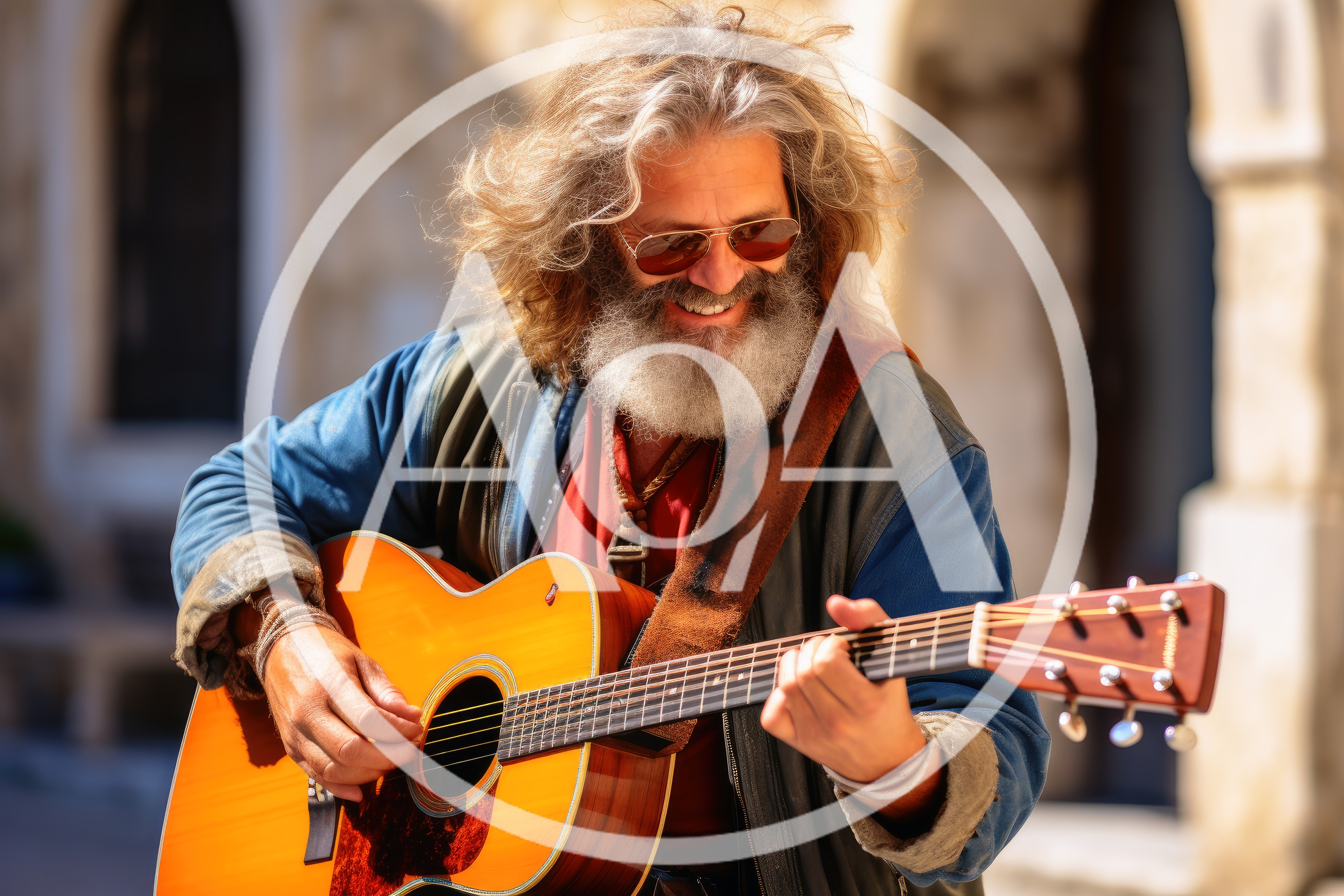 Street Musician Playing Acoustic Guitar Outdoors