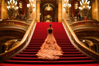 Elegant Woman In Ballgown Standing On Grand Staircase
