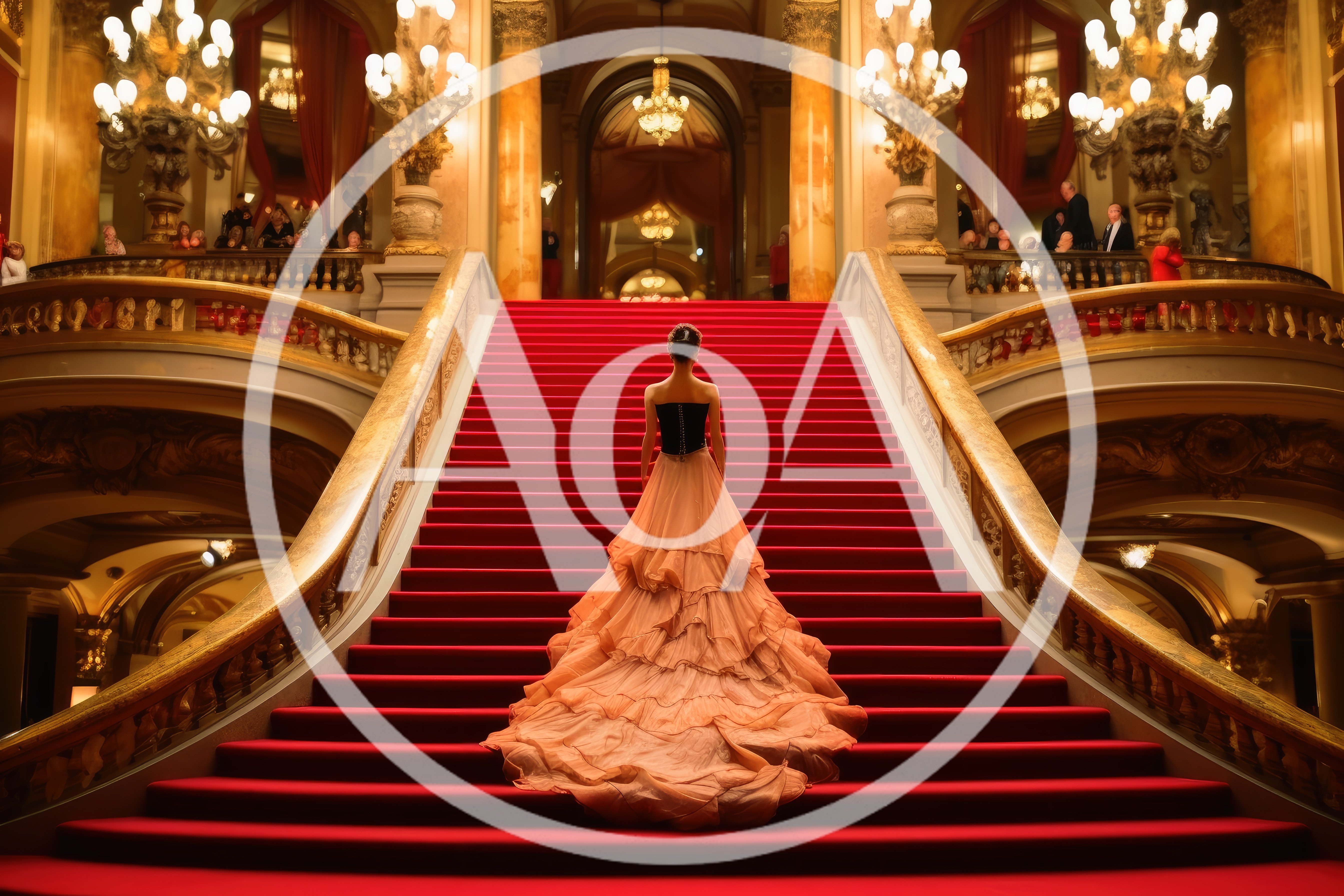 Elegant Woman In Ballgown Standing On Grand Staircase