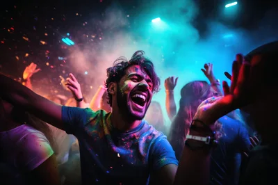 Young Man Dancing At A Vibrant Holi Color Festival