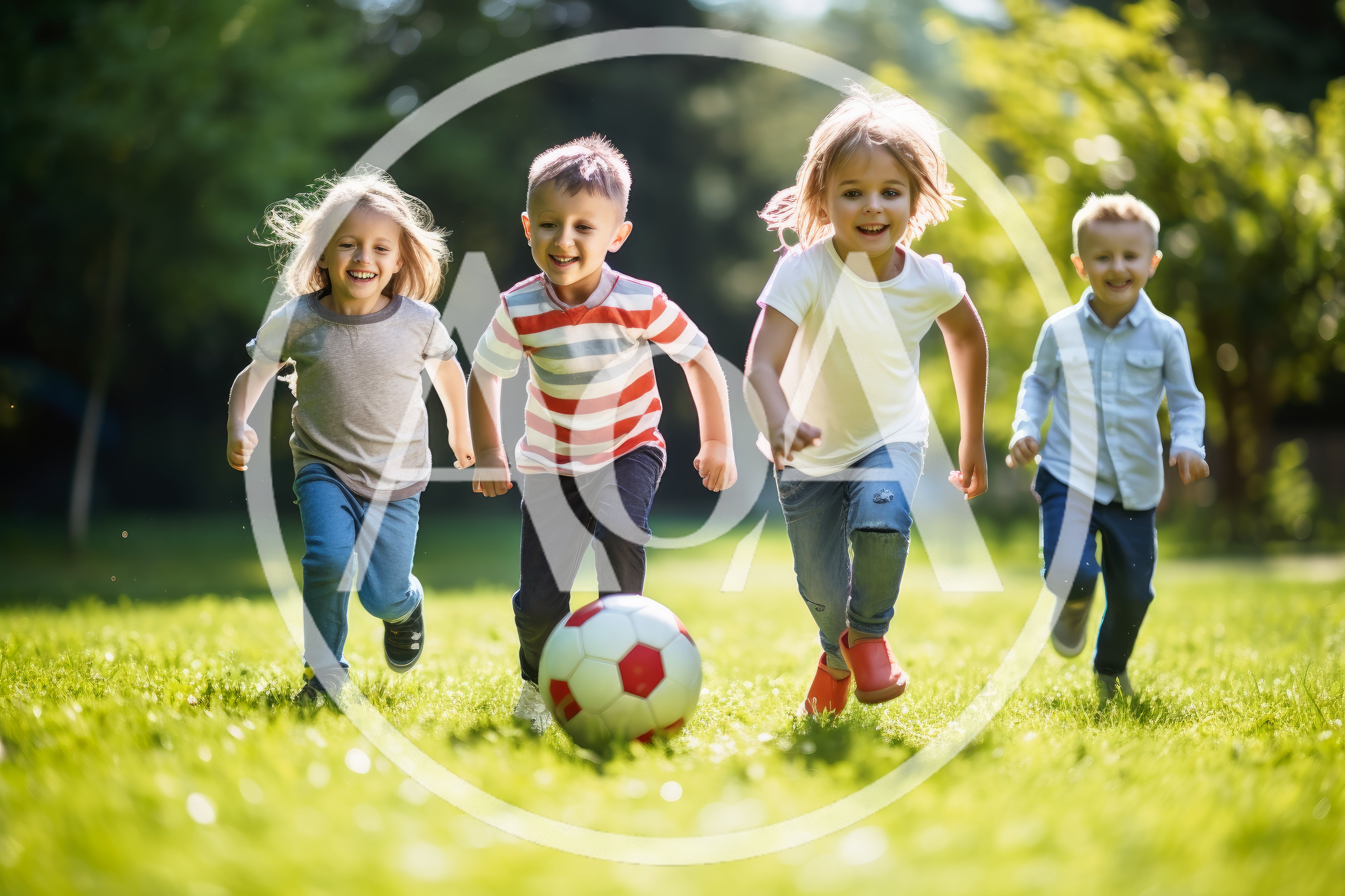 Four Happy Children Playing Soccer in a Sunny Park