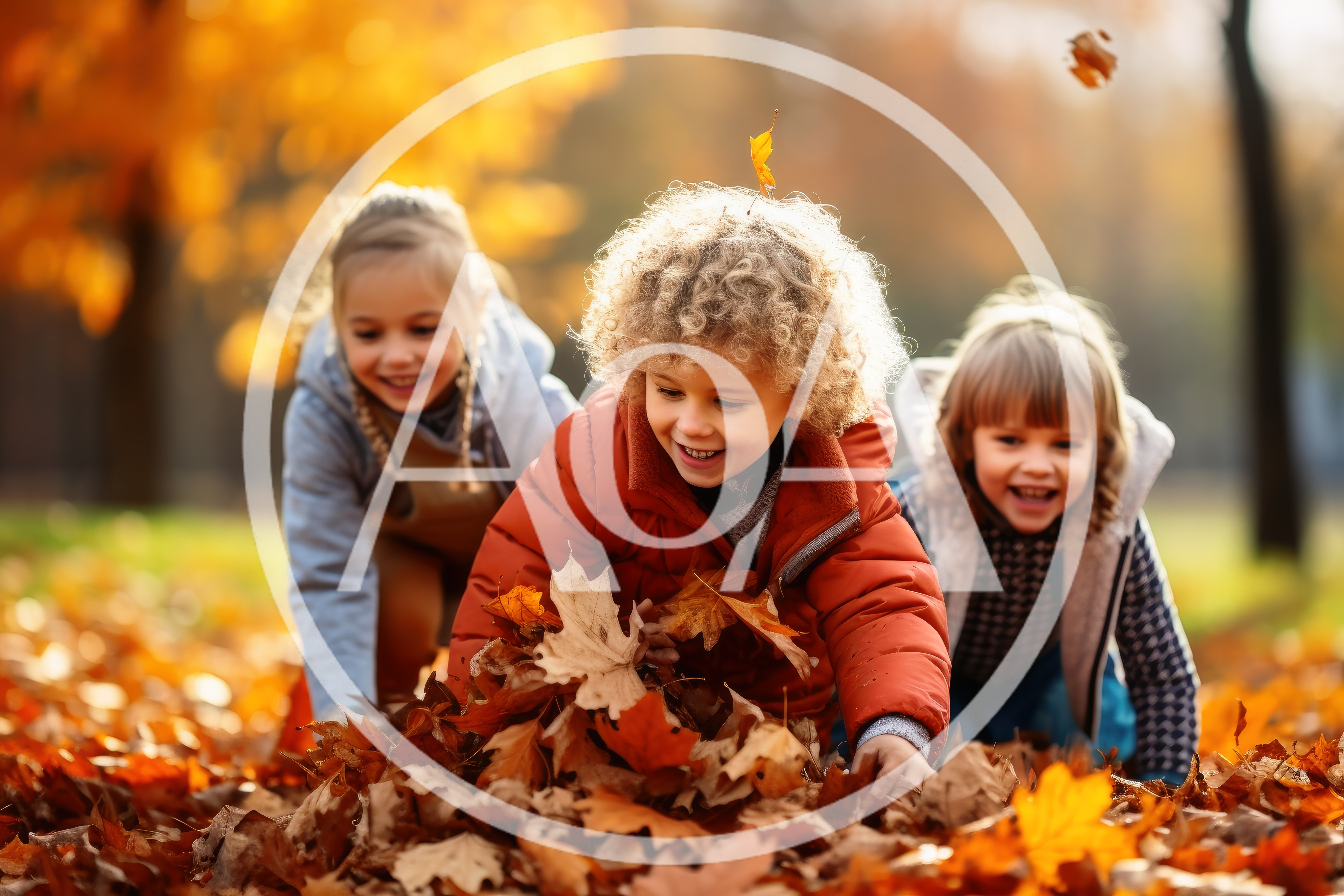 Three Happy Children Playing In Autumn Leaves