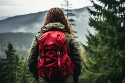 Woman Hiking With Red Backpack In Misty Mountains