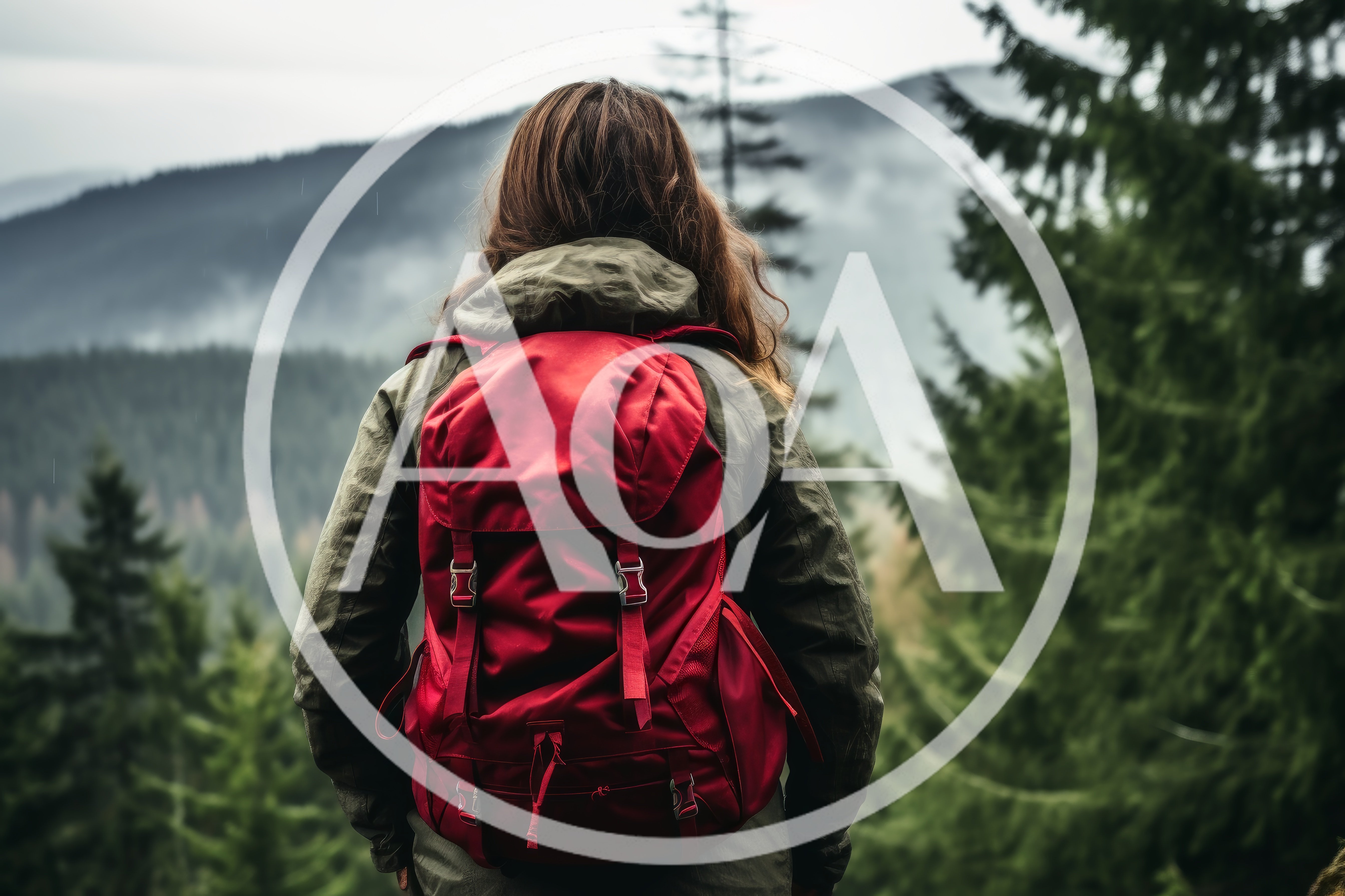 Woman Hiking With Red Backpack In Misty Mountains