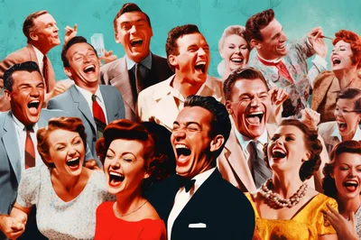 Group Of People Laughing In Vintage 1950s Style