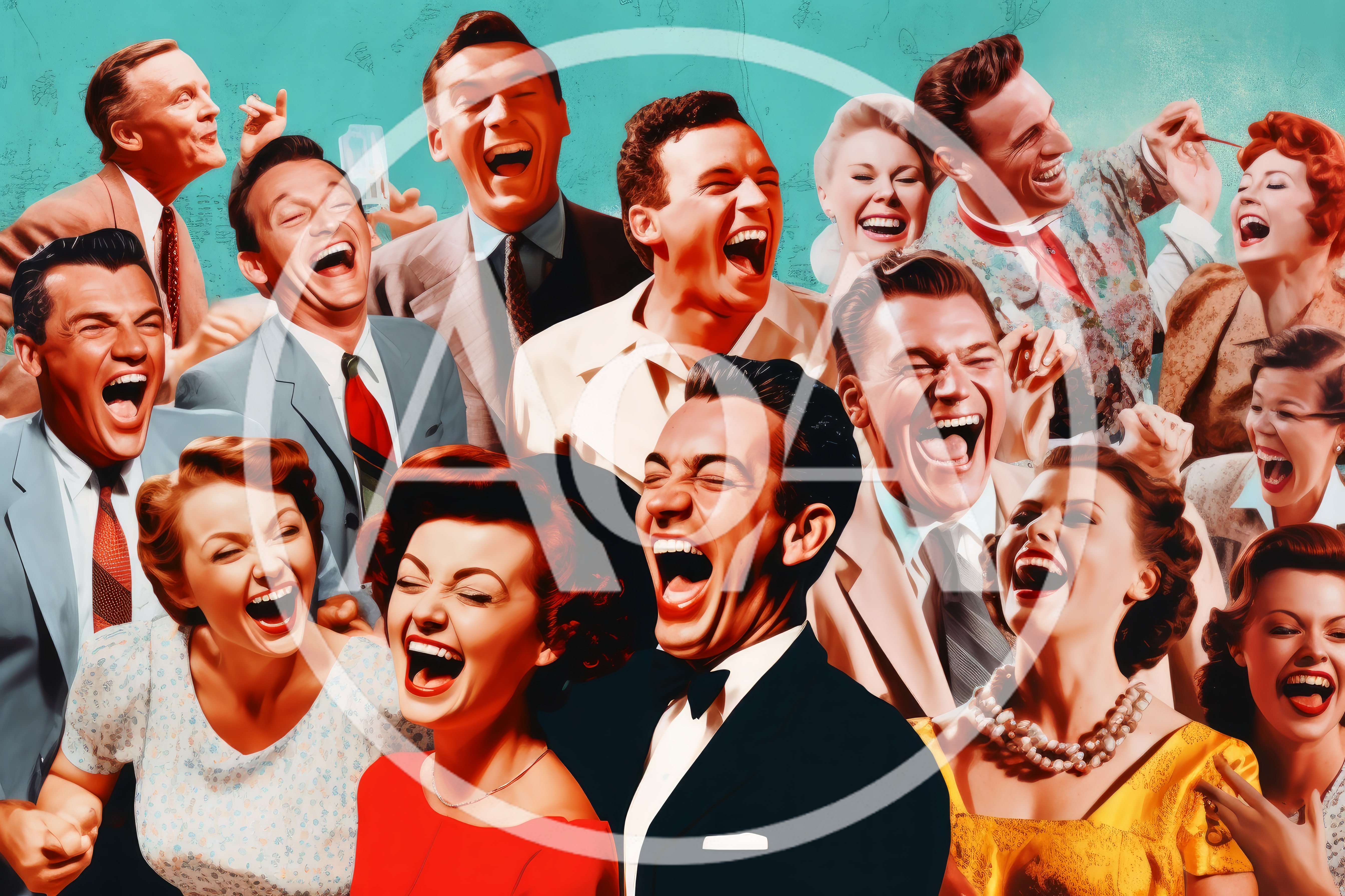 Group Of People Laughing In Vintage 1950s Style