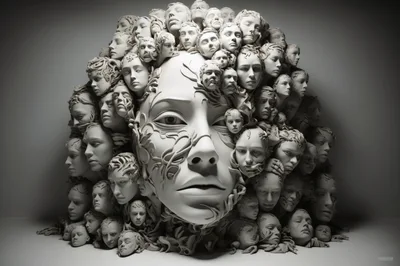 Surreal Sculpture Composed Of Many Human Faces