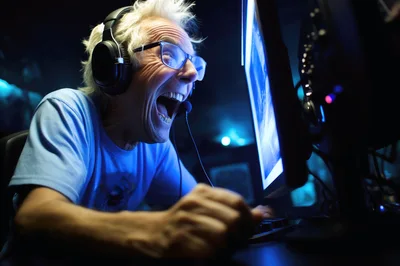 Elderly Gamer Shouting While Playing Video Games