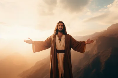 Jesus Christ Standing With Open Arms In Mountain Landscape